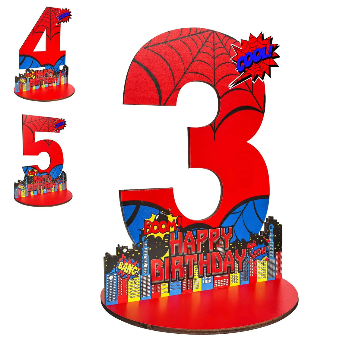 Red wooden birthday number sign featuring a spider design and text