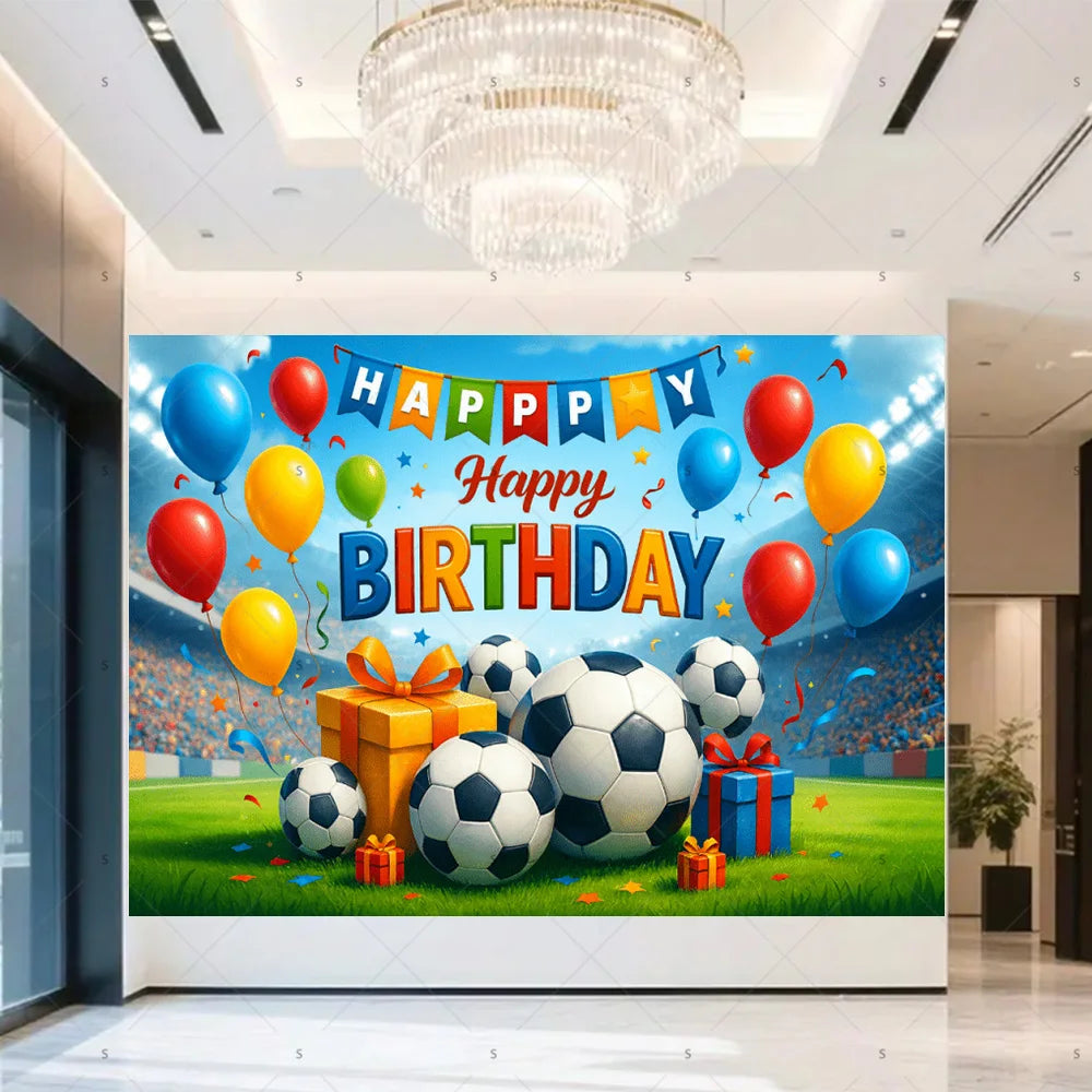 A vibrant football-themed birthday backdrop banner featuring balloons, trophies, and crowns on a green field.