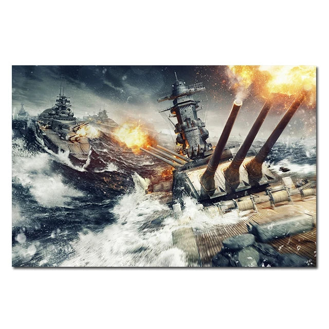 A dramatic scene of a battleship engulfed in flames and surrounded by turbulent sea waves.