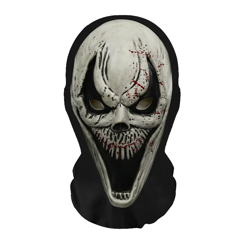 A realistic horror mesh balaclava mask with a skull face and blood splatter details.