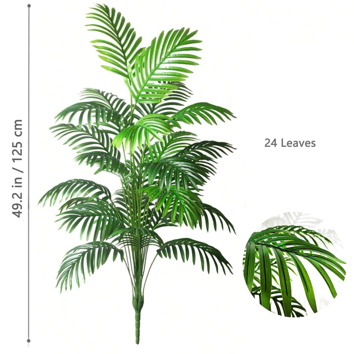 A realistic artificial palm tree with 24 silk green leaves shown in a vertical display.