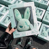 A light green bunny plush toy in its packaging with a keychain attachment, held by a hand.