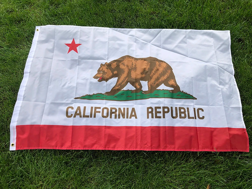 A white flag featuring a brown bear silhouette and a red star, with the text CALIFORNIA REPUBLIC printed below, laid out on g