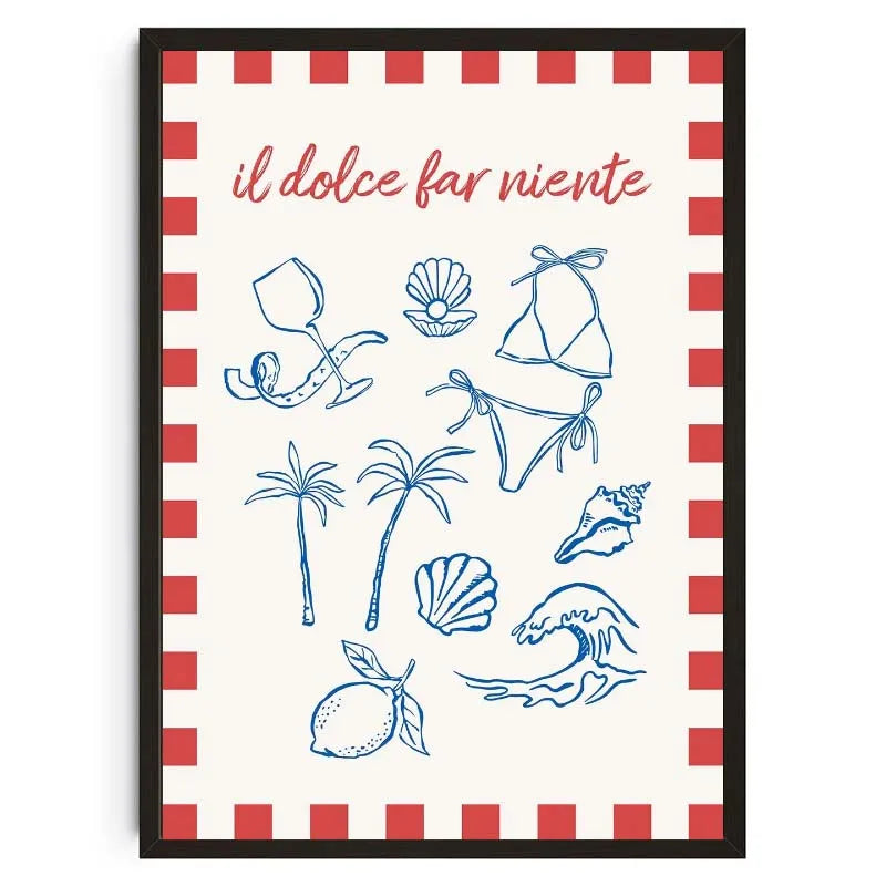 Gerahmtes Kunstprint mit handgezeichneten Muscheln und einem Zitat auf roter und weiß gestreifter Fläche.