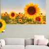 A vibrant painting of a field of sunflowers displayed above a modern sofa.