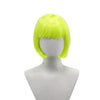 A bright neon lime green short bob wig displayed on a mannequin head.
