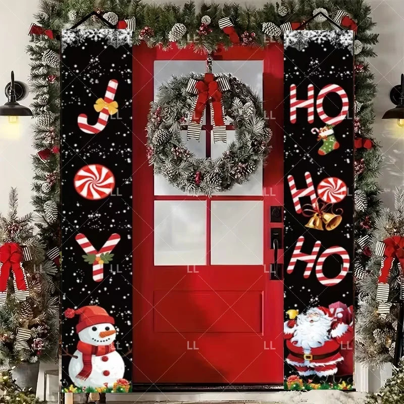 Festive Christmas door banner featuring holiday greetings like HO HO and Santa Claus on a red door decorated with greenery.