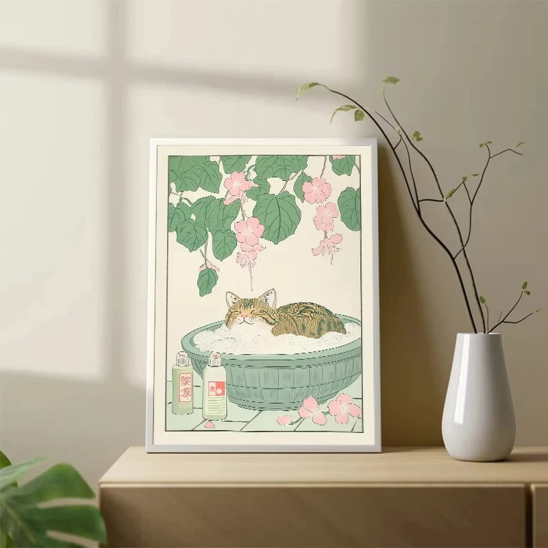 Vintage tiger cat wall art poster featuring a cat in a bowl surrounded by pink and green floral leaves