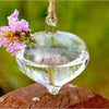 A clear glass hanging planter vase filled with water, suspended by twine, set against a blurred green background.