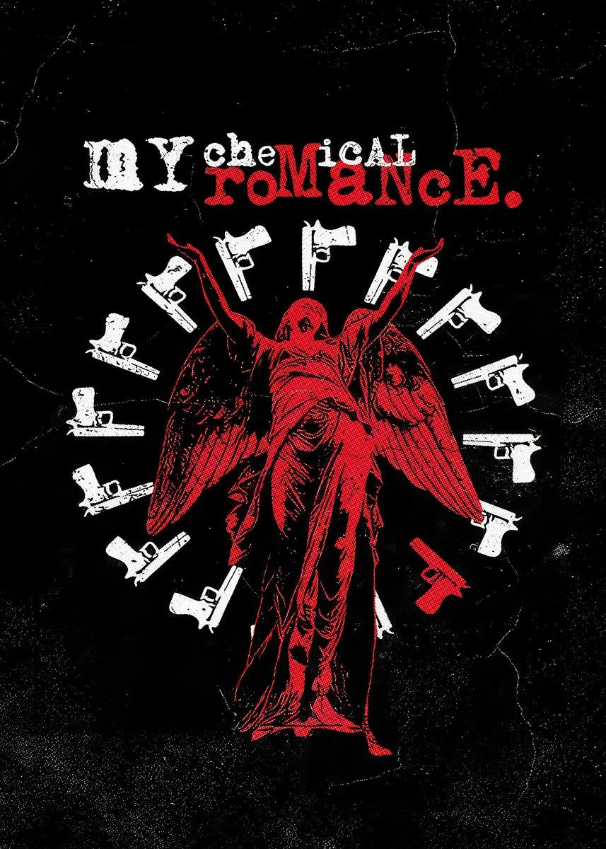 A red silhouette of a winged figure surrounded by firearms, featuring the text MY CHEMICAL ROMANCE.