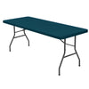 A dark teal stretch spandex tablecloth set with a black metal frame.
