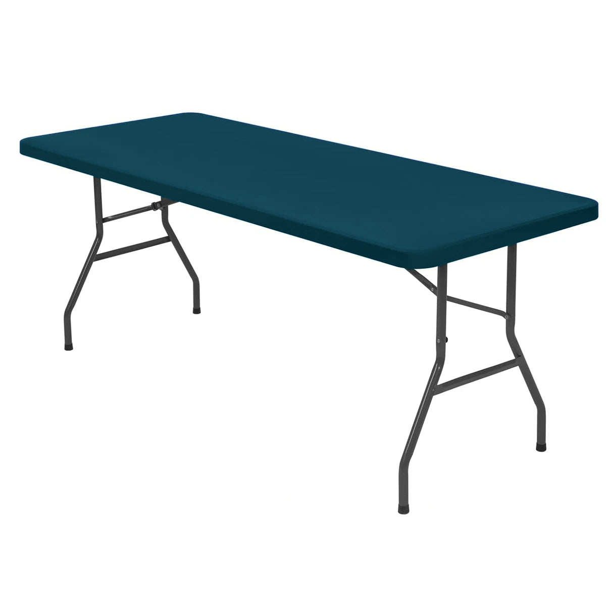 A dark teal stretch spandex tablecloth set with a black metal frame.