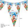 A set of pennant banners featuring cartoon characters in a circus theme for birthday party decor