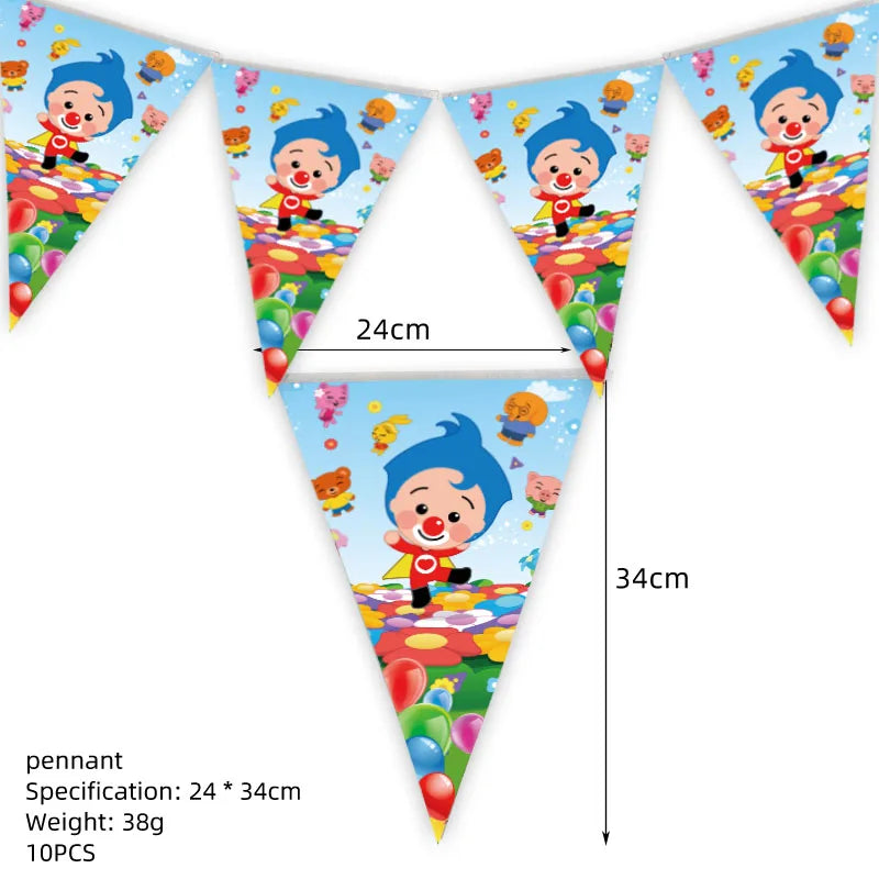 A set of pennant banners featuring cartoon characters in a circus theme for birthday party decor