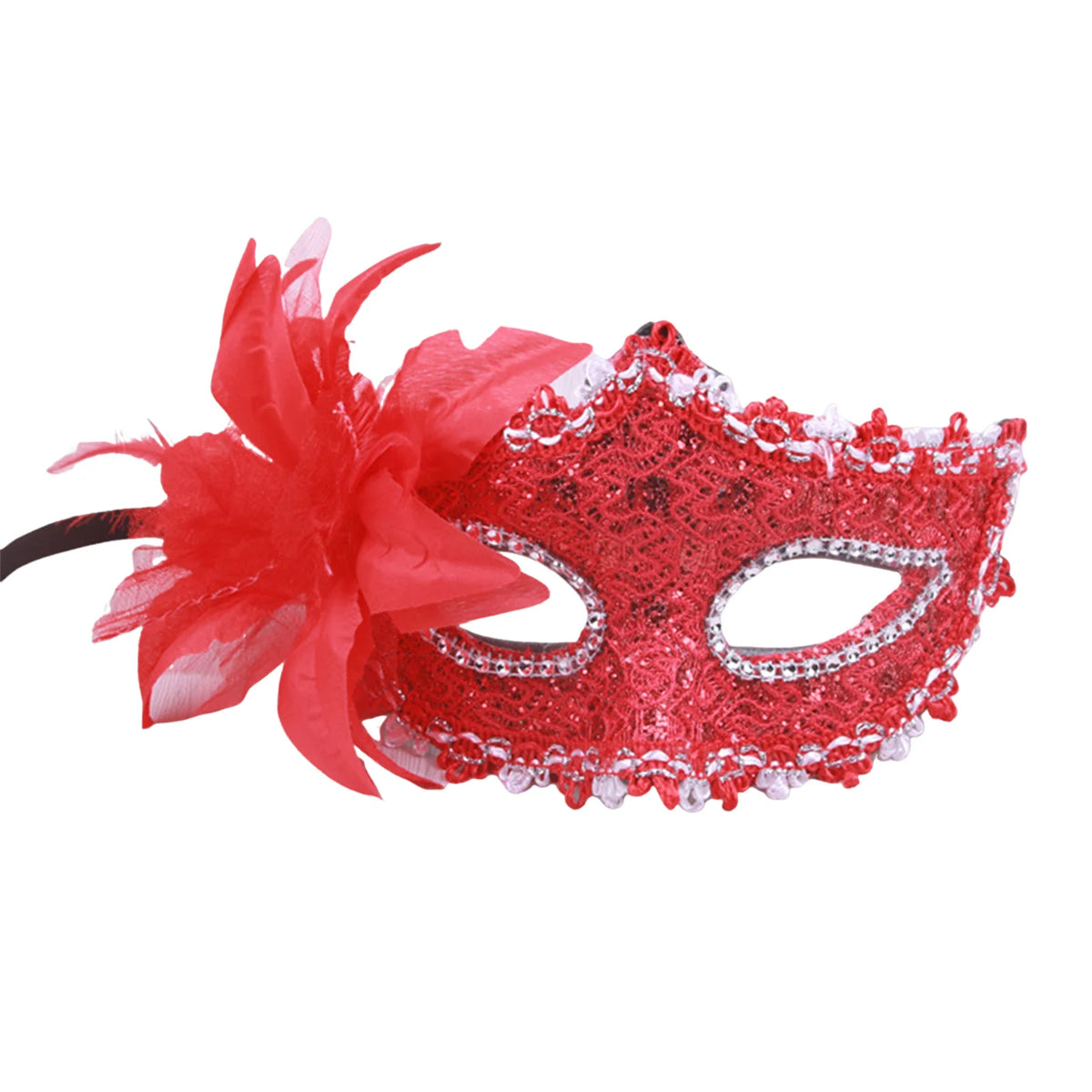 A red rhinestone masquerade mask decorated with a large red fabric flower.