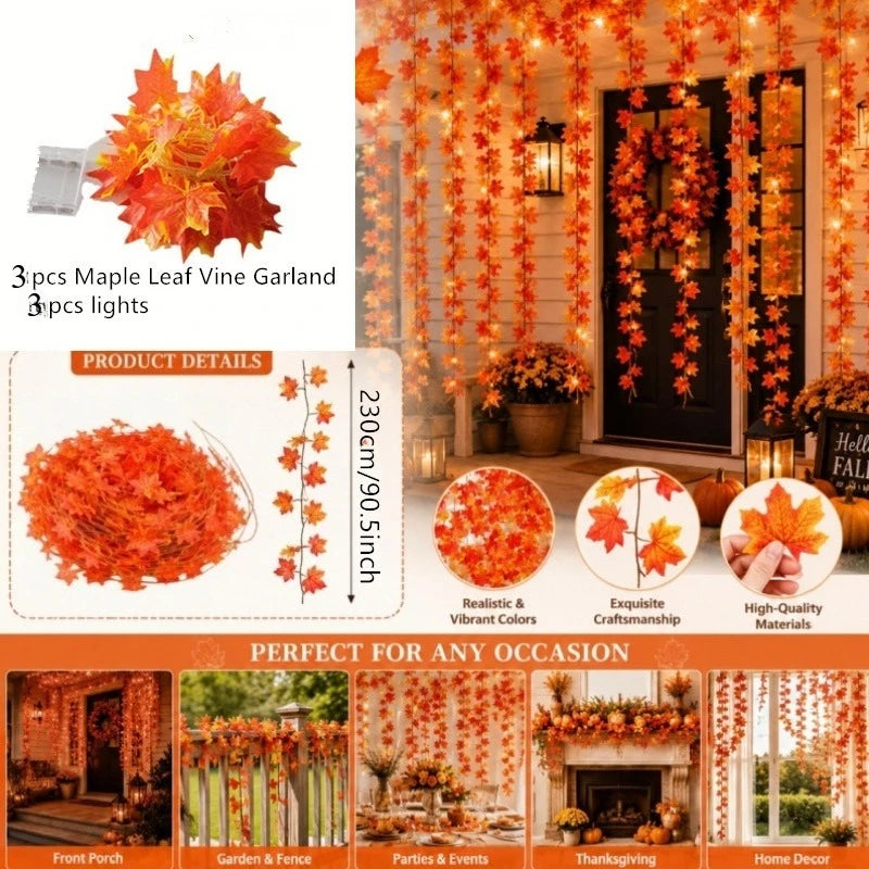 An autumn maple leaf vine garland with orange lights decorating a front door and home entrance.