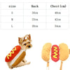 A classic hot dog costume for a dog featuring a sausage-shaped outfit with a bone-shaped accessory.