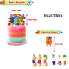 A set of 13 colorful cake toppers featuring characters and text for a birthday party decoration.