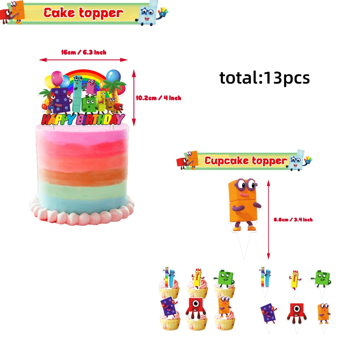A set of 13 colorful cake toppers featuring characters and text for a birthday party decoration.