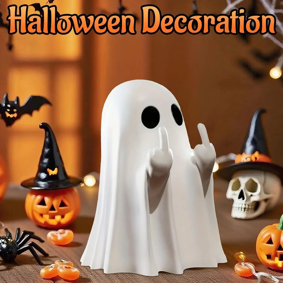 A white ghost figurine with a sassy hand gesture is displayed as Halloween decoration on a desk.