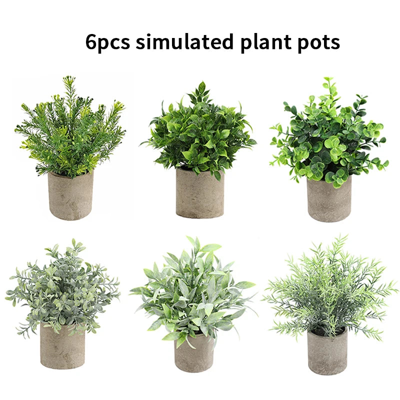 Six simulated plant pots featuring various green foliage in rustic gray pots.