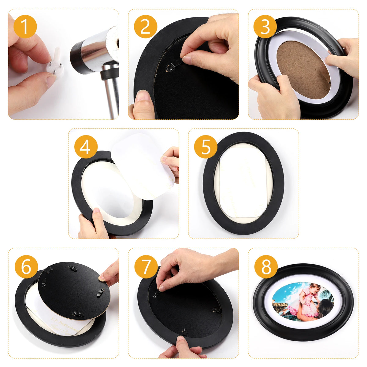 A set of elegant oval wooden wall photo frames in black and white, showing various assembly steps.