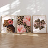 Three framed canvas prints featuring leopard print, pink hibiscus flowers, and the word WILD.