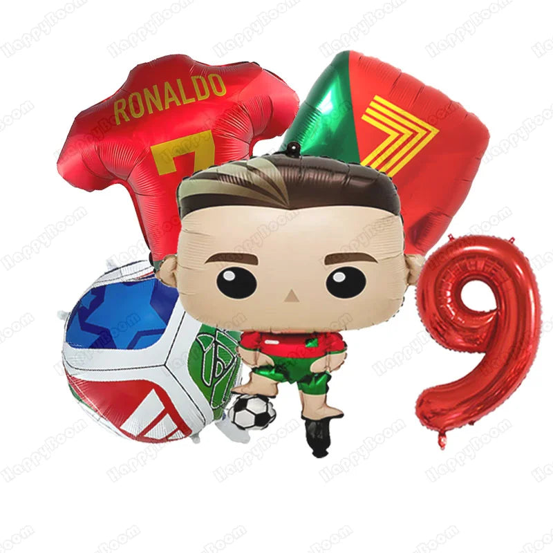 A set of football-themed birthday balloons including a red Ronaldo balloon, a green soccer ball balloon, and a large red numb
