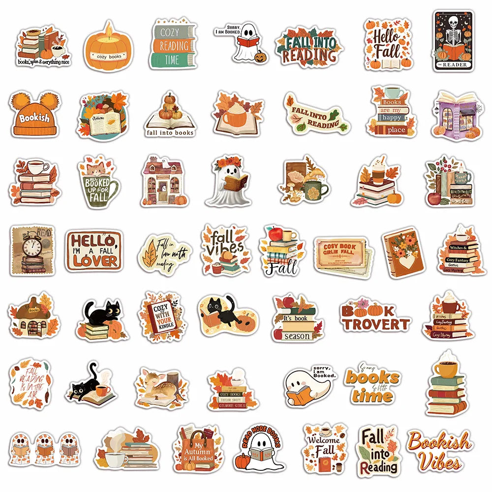 A collection of 25 cute ghost and book designs featuring autumn themes for a sticker pack.