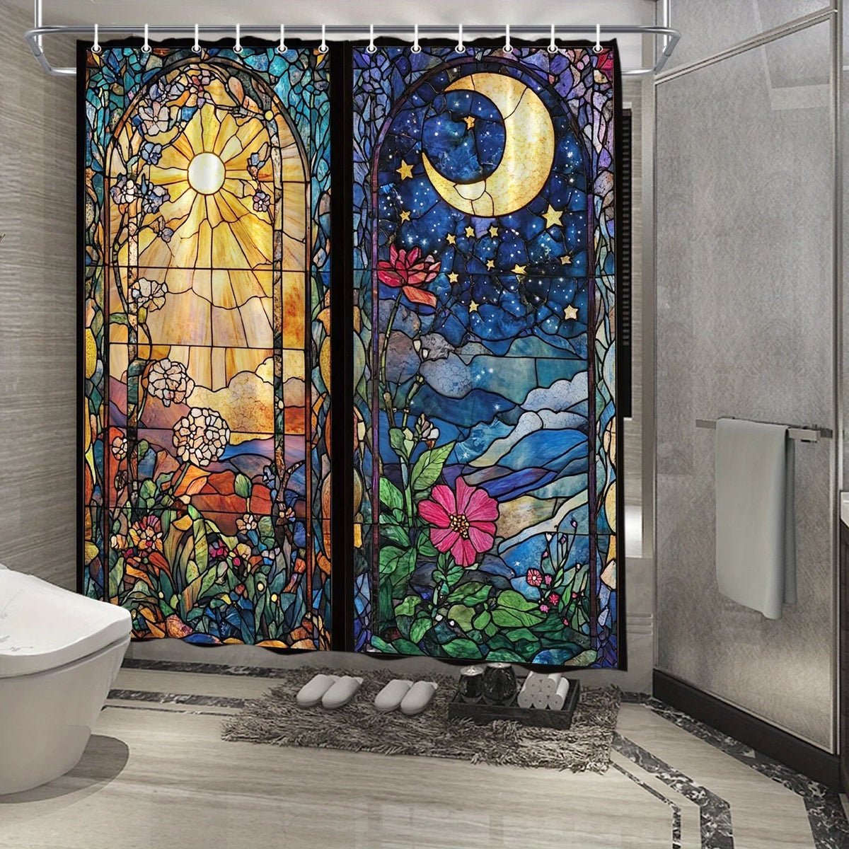 A shower curtain featuring a starry night sky and crescent moon design in blues, purples, and yellows.