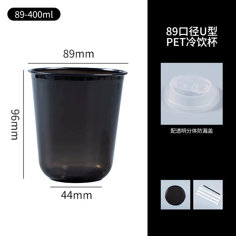 Schwarze 89-400ml PET-Einwegbecher mit Deckel und Strohhalm