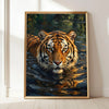 A painting of a tiger's face emerging from dark water, framed in gold.