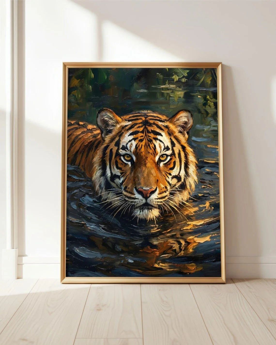 A painting of a tiger's face emerging from dark water, framed in gold.