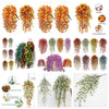 Various colors of artificial morning glory hanging flowers displayed in bunches and individual strands.