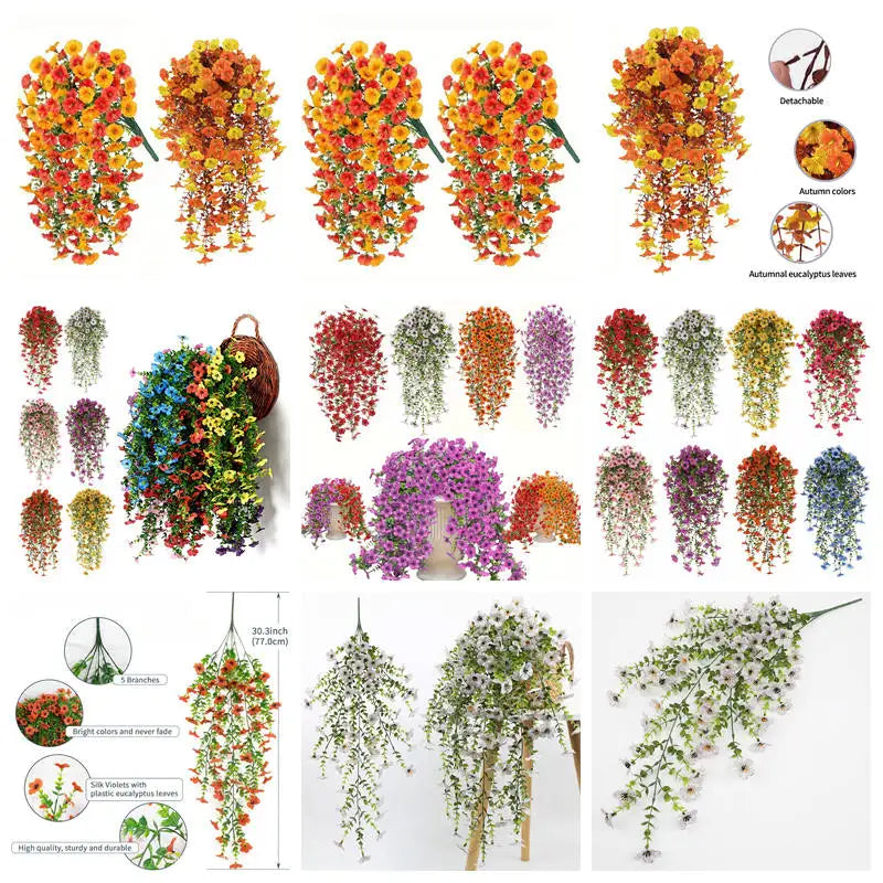 Various colors of artificial morning glory hanging flowers displayed in bunches and individual strands.
