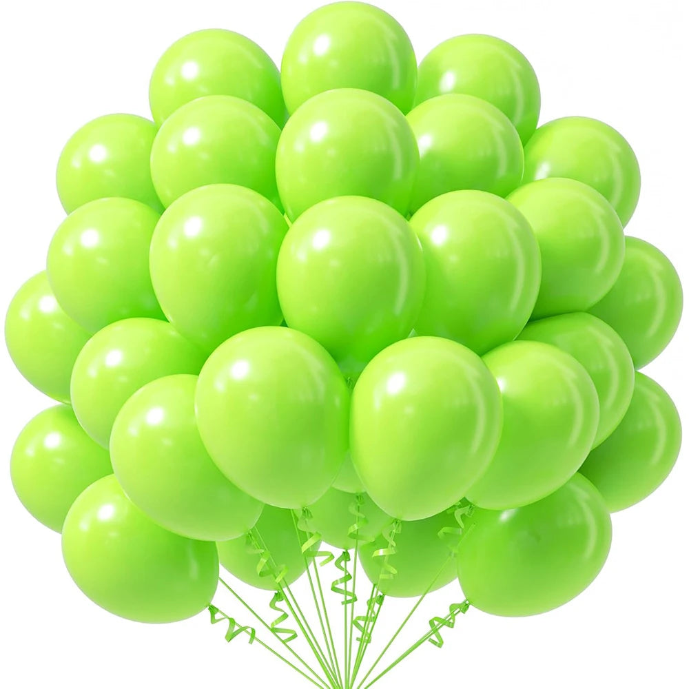 A cluster of bright lime green latex party balloons.