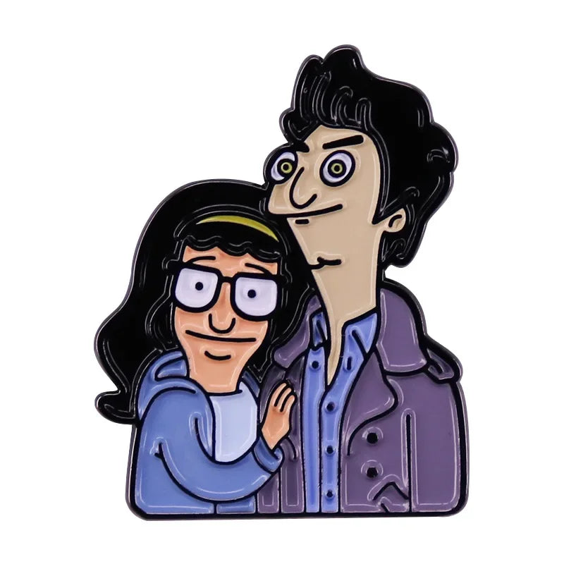 Enamel pin badge featuring a cartoon character with dark hair and glasses looking surprised.