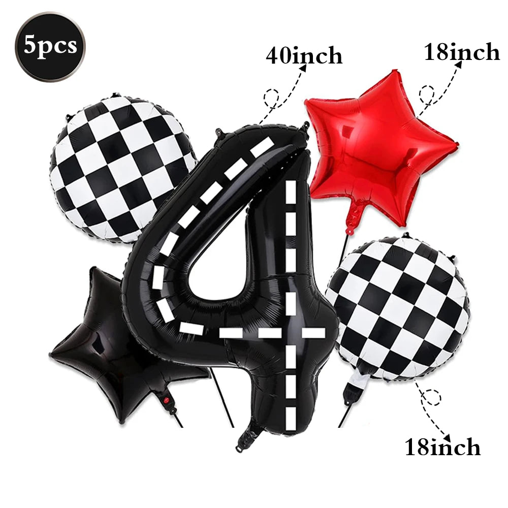 A set of black and white checkered foil balloons shaped like the number 40 and the number 18.
