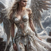 Eine weibliche Figur mit weißem Haar und Engel-Flügeln, die ein verziertes weißes Kleid in einer dramatischen Außenumgebung t