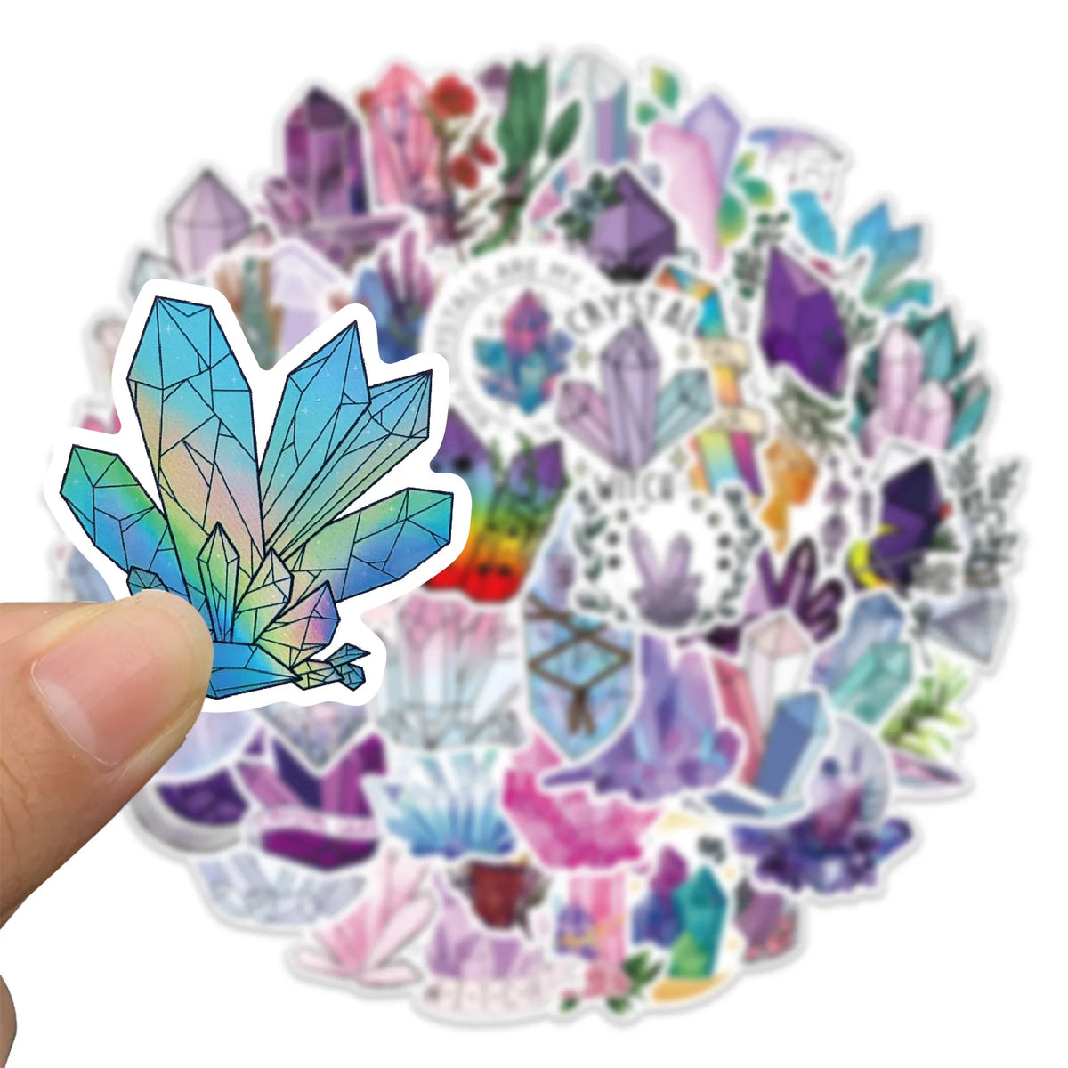 A circular arrangement of colorful crystal and gemstone decorative stickers on a white background.
