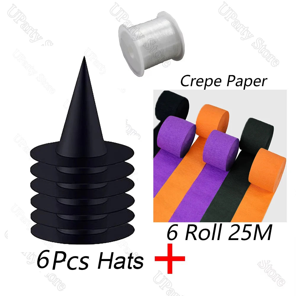 Six black witch hats with hanging rope and crepe paper for Halloween decoration