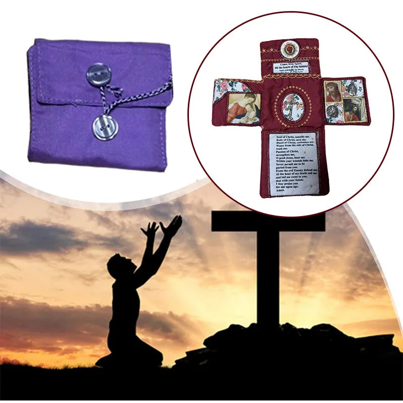 A purple handcrafted pocket shrine featuring a cross and religious imagery set against a sunset background.