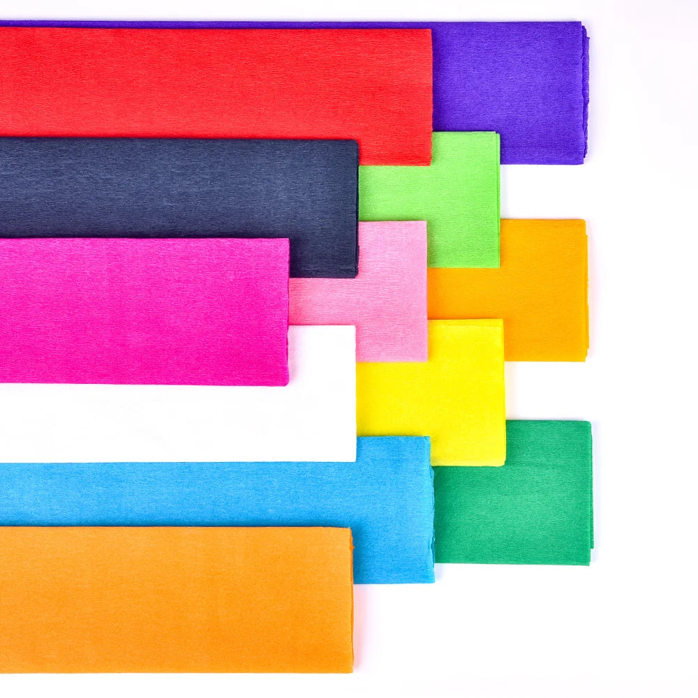 A collection of ten colored crepe papers in various shades including red, purple, green, yellow, and orange.