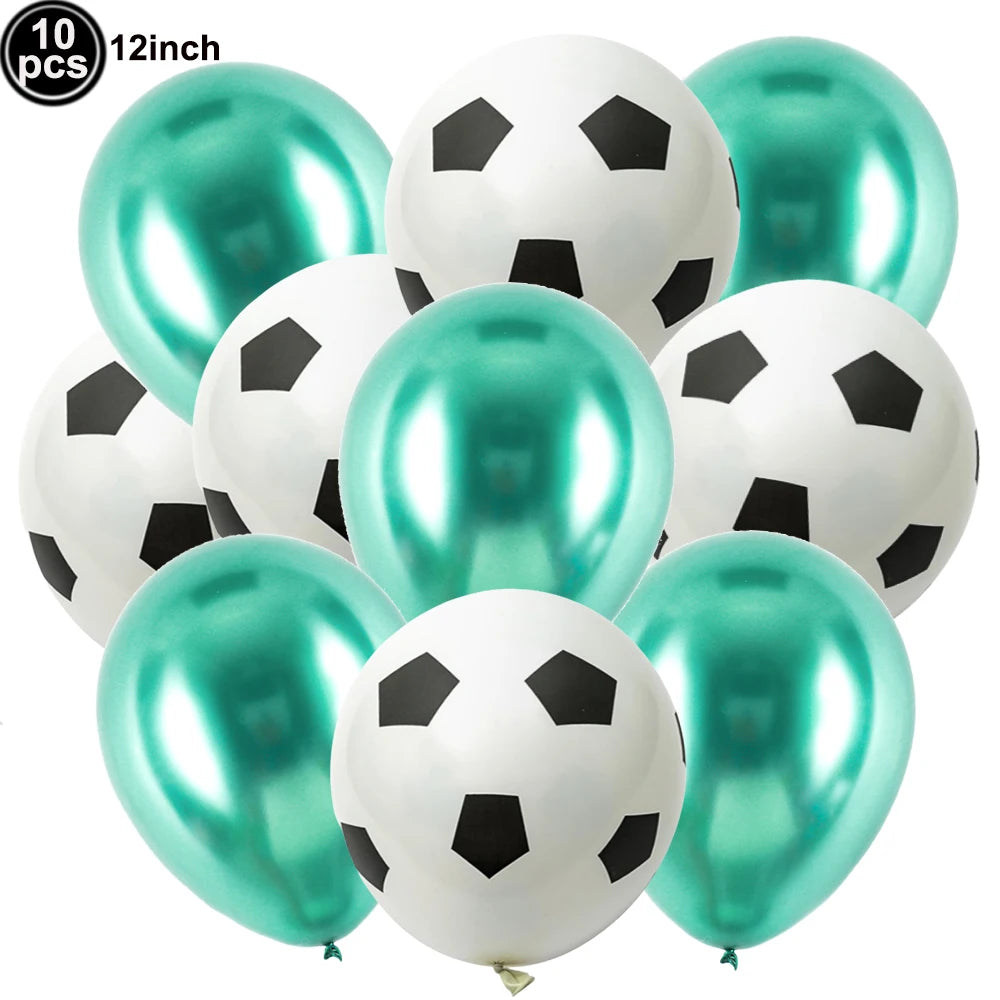 A pack of ten black and white soccer ball balloons used for party decorations.