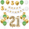 A collection of green and gold birthday balloons, including a banner and large number '21'.