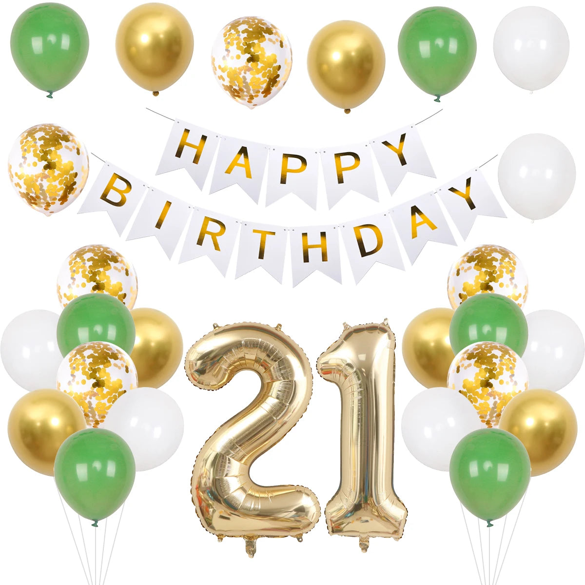 A collection of green and gold birthday balloons, including a banner and large number '21', for a celebration.