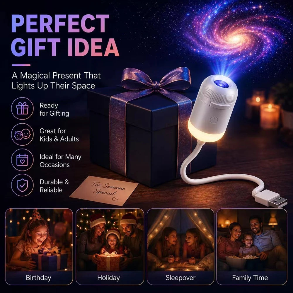 A 2-in-1 Galaxy Projector night light with a remote control illuminating a dark scene.