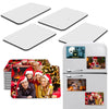 A set of blank white sublimation magnets and a festive photo featuring people in holiday attire.