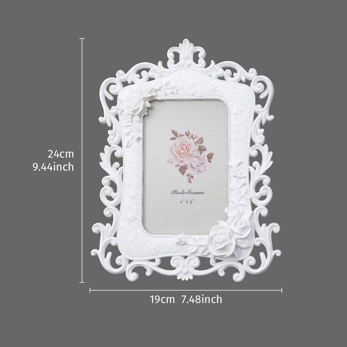 White European-style resin photo frame with a decorative scroll border and a pink rose design.