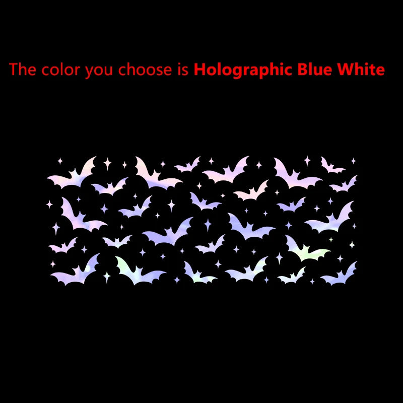 A collection of purple and white holographic bat silhouettes against a black background.